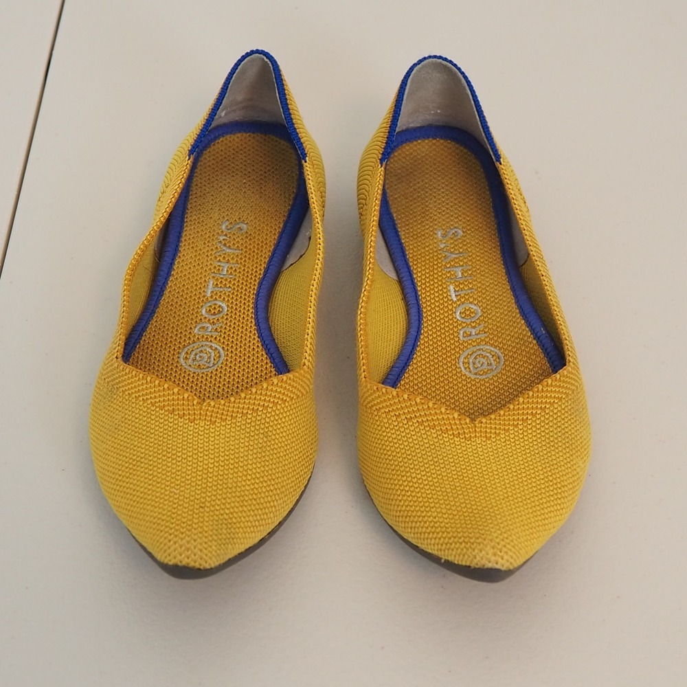 Rothys The Point Pointed Toe Ballet Flats Women's Sz 6 Yellow Marigold Blue Trim - Picture 2 of 10